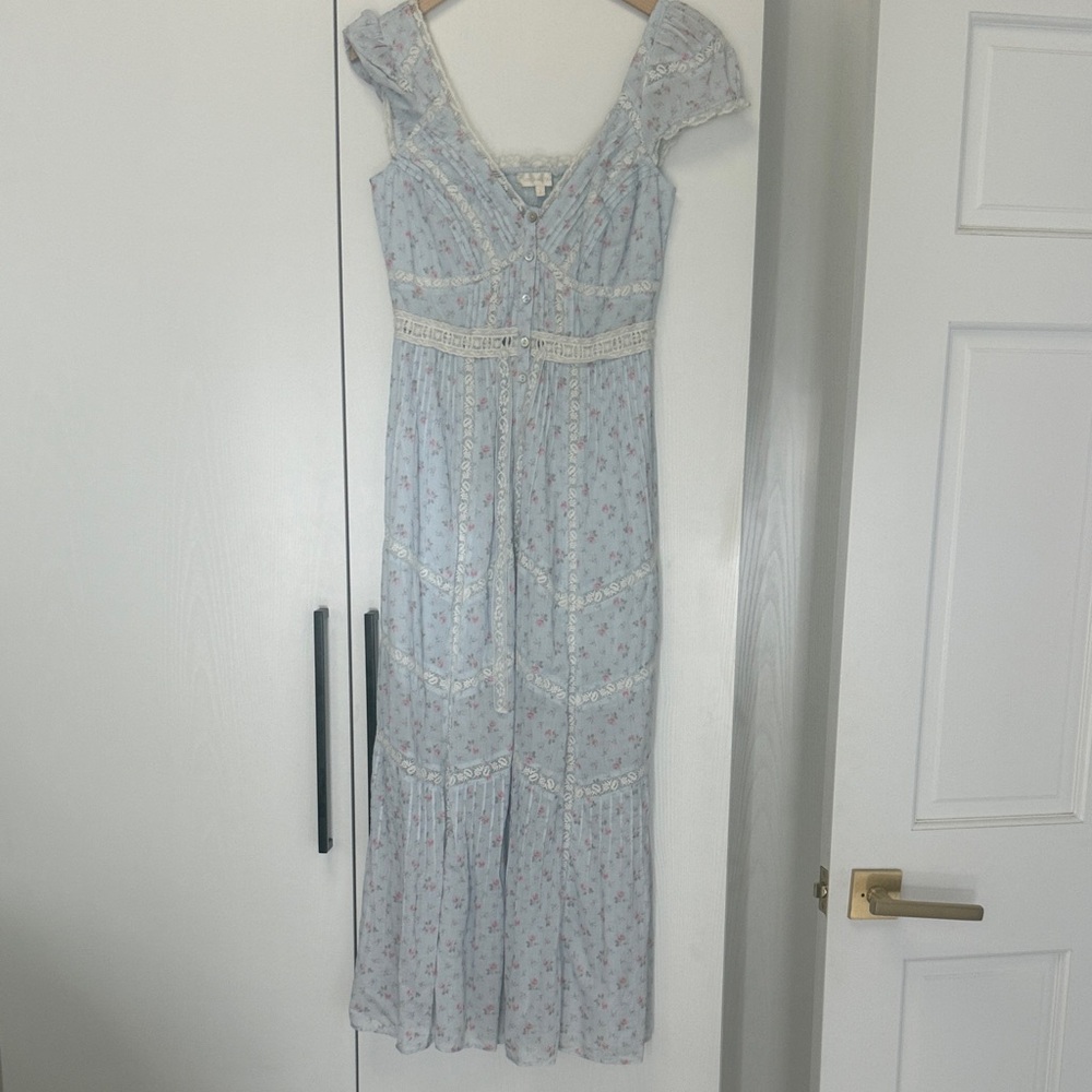 LoveShackFancy Pale Blue Floral Maxi Dress with Pink Accents